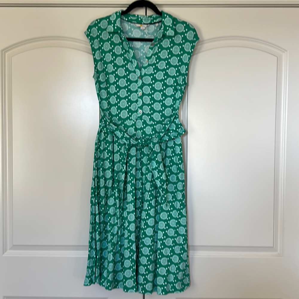 Boden soft jersey knit bottom front shirt dress green flower attached belt US 8L